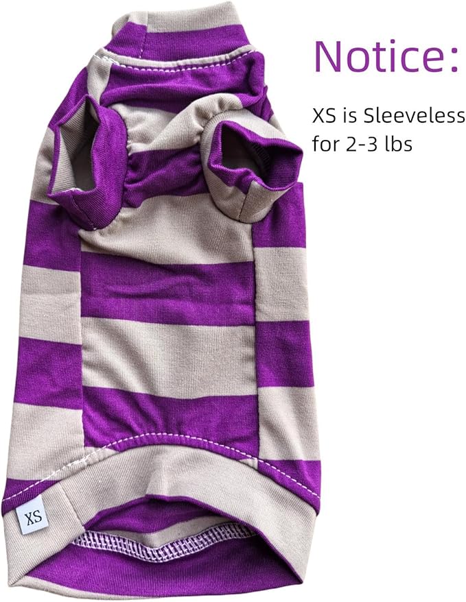 Vintage Stripes Sphynx Hairless Cats Shirt Cotton Cat Turtleneck Pet Clothes Kitten T-Shirts with Sleeves for Sphynx Cats (Wide Purple Grey Stripe, X-Small)