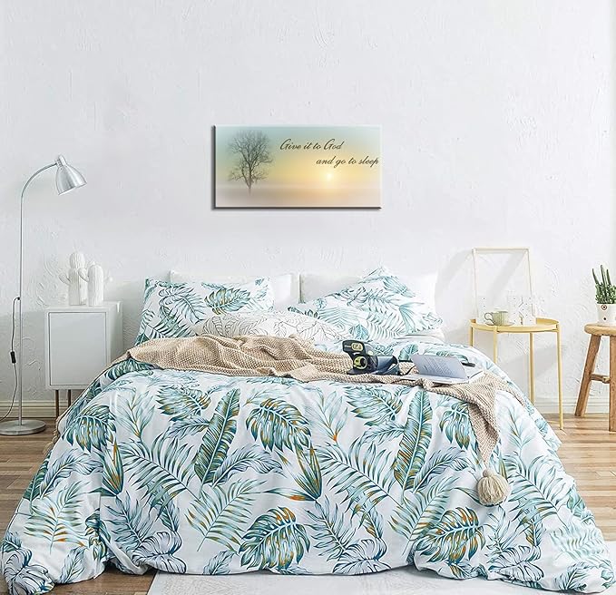 Lasdel Canvas Wall Art of Misty Sunset & Tree Plant Picture For Bedroom Home Above Bed, White Country Wood Sign For Bathroom, Give It To God & Go to Sleep Artwork Decor, Inner Frame 20x40 Inches