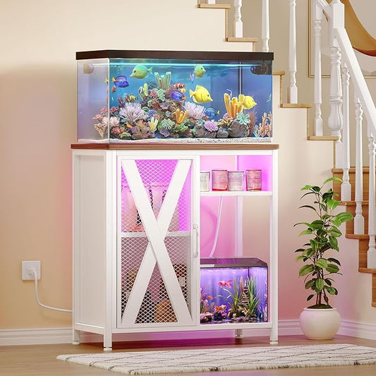 YITAHOME Fish Tank Stand with Power Outlets & LED Light, 20-29 Gallon Metal Aquarium Stand with Cabinet for Fish Tank Accessories Storage for Turtle, Reptile Terrarium, 350LBS Capacity, White