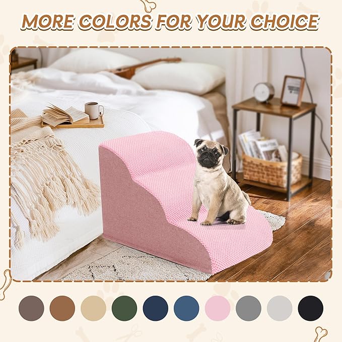 Romrol Dog Stairs Ramp for High Beds Couches, High Density Foam Pet Steps with Durable Non-Slip Waterproof Fabric Cover, Dog Stairs for Small Dogs or Cats or Pets, 3-Step,15 Inch,Pink