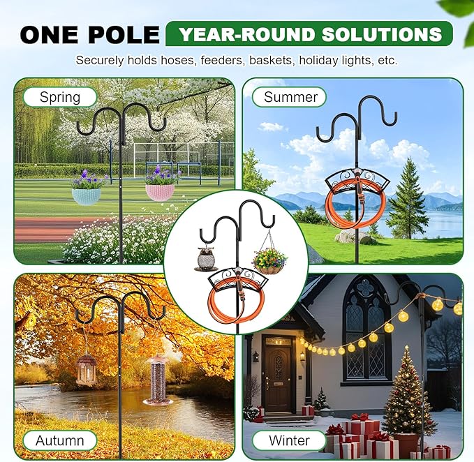 Double Shepherds Hooks for Outdoor, Upgraded Heavy Duty Bird Feeder Pole, Freestanding Hose Stand Adjustable Water Hose Holder with 5 Prongs Base, Thickened Garden Hooks for Outside Yard Lawn