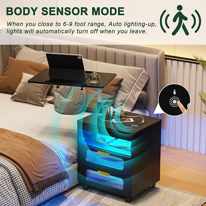 HNEBC Nightstand Set of 2, LED Nightstand with Wireless Charging Station/USB Ports,Smart Nightstand Has Adjustable Rotary Workstation with 2 Drawers,Modern Bedside Table for Bedroom Furniture(Black)