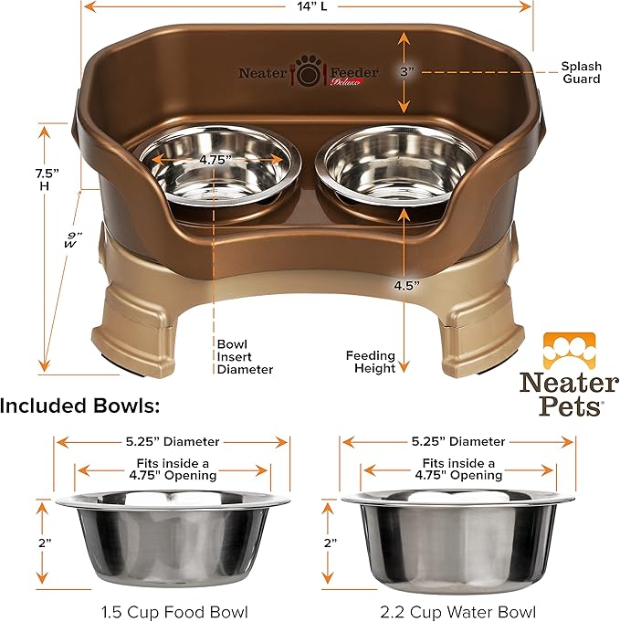 Neater Feeder Deluxe Mess Proof Dog Bowls Elevated for Small Breeds – Made in USA – No Spill Raised Dog Food Bowl Stand w/Leg Extensions – Stainless Steel Dog Food and Water Bowl Set – Bronze