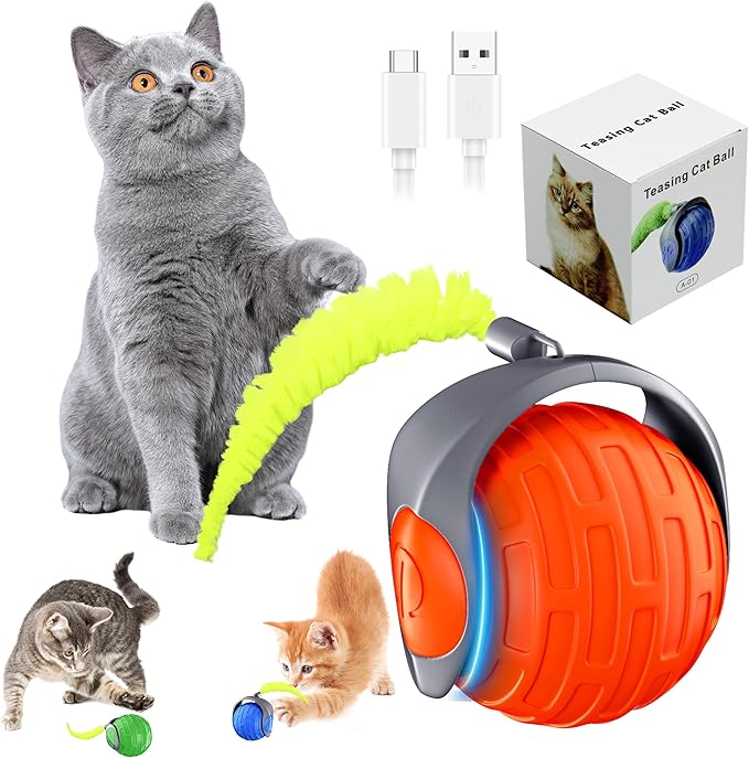 Cat Toys,Interactive Cat Toys Ball for Bored Indoor Cat,Automatic Rolling,Drop Resistant and Obstacle Avoidance,2 Modes Adjustment,Fluffy Tail and USB Type-C Rechargeable(Orange)