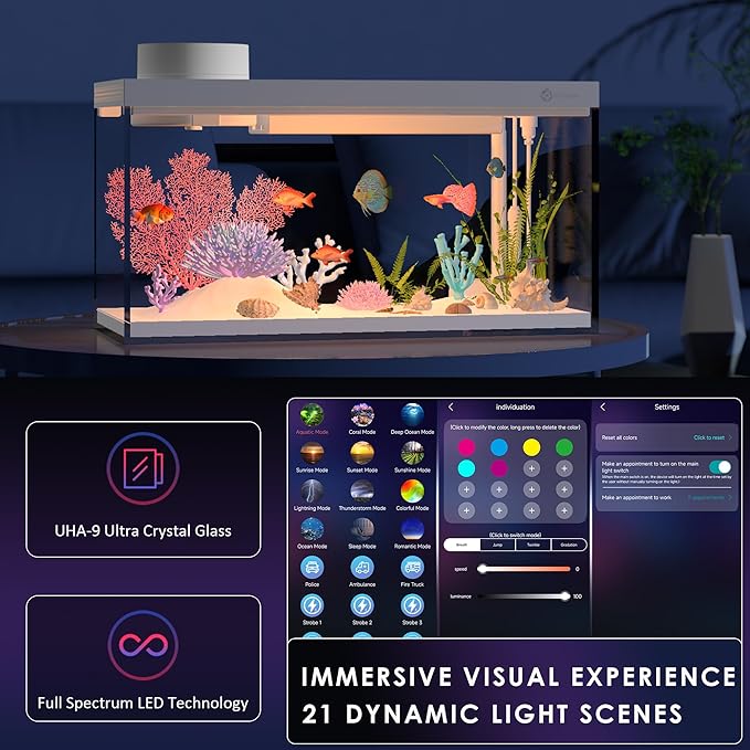 Smart Fish Tank Aquarium Kit with APP Control and Auto Feeder - 1.5 Gal Fish Tank Multi-Layer Filtration System Silent Pump & UHD Glass - 16 Million DIY Colors Includes Mini Magnetic Scrubber Scraper