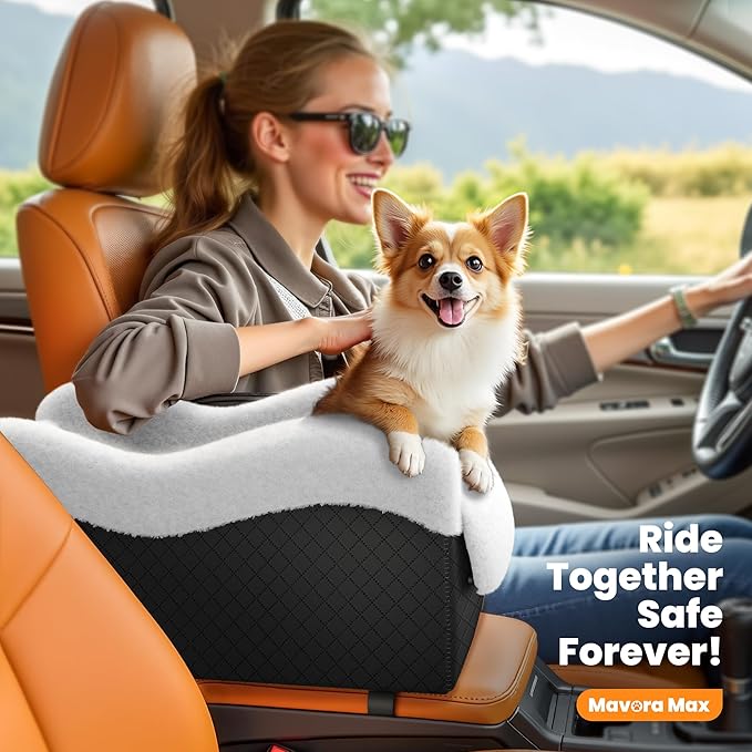 Portable Small Dog Seat for Car, Luxury Center Console Dog Car Seat Booster with Safety Tethers, Auti-Collapse Pet Travel Carseat for SUV, Truck (Black/White)