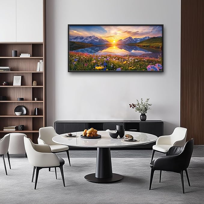 Mountain Large Wall Art Sunrise Lake Flower Field Pictures Nature Landscape Wall Decor Canvas Print Painting Artwork for Bathroom Living Room Bedroom 60L" x 30W"