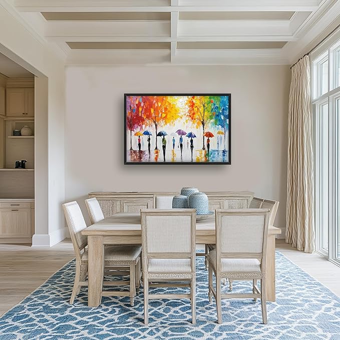 Large Abstract Tree Wall Art for Living Room, Framed Oversized People with Colorful Umbrella Wall Decor Street Canvas Painting Modern Artwork for Living Room Bedroom Office Dining Room 36"x24"