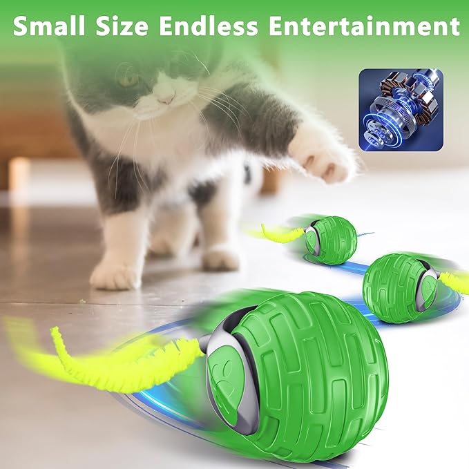 Cat Toys,Interactive Cat Toys Ball for Bored Indoor Cat,Automatic Rolling,Drop Resistant and Obstacle Avoidance,2 Modes Adjustment,Fluffy Tail and USB Type-C Rechargeable(Green)