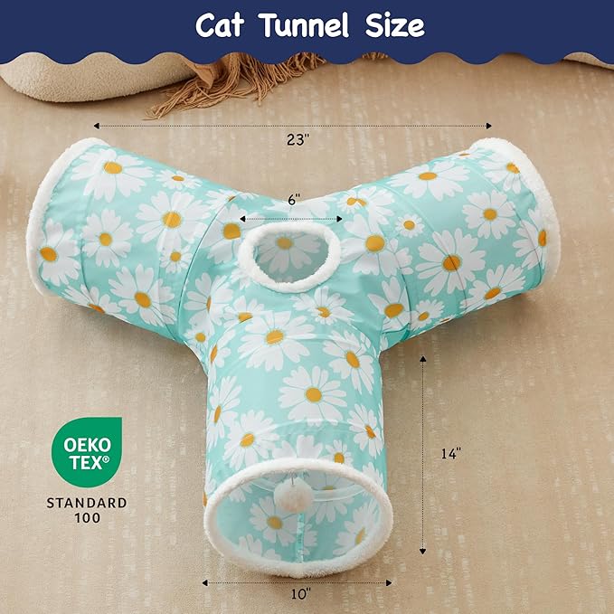 Tempcore Pet Cat Tunnel Tube Cat Toys 3 Way Collapsible, Cat Tunnels for Indoor Cats,Kitty Tunnel Bored Pet Toys Peek Hole Toy Ball, Puppy, Kitty, Kitten, Rabbit Daisy Blue Printed
