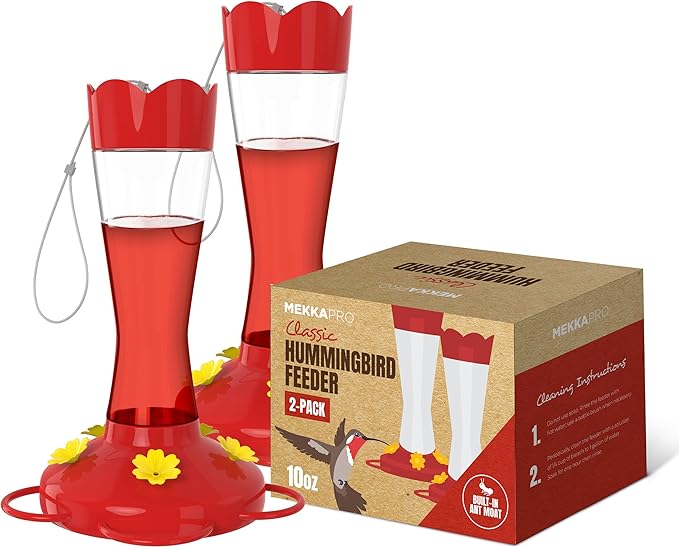 MEKKAPRO Two-Pack Hummingbird Feeders for Outdoors Hanging Made from Glass, 10oz, Hanging 5 Nectar Feeding Stations, Top Fill Hummingbird Feeder, Bright Red, Backyard Feeder (10 Ounce - 2 Pack)