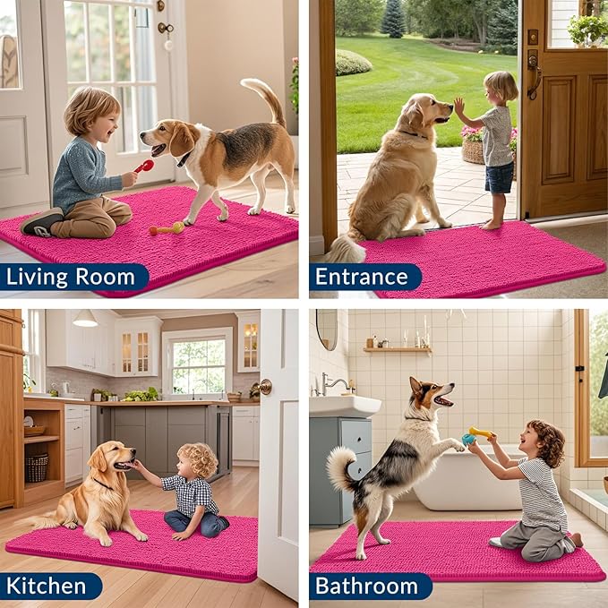 Smiry Dog Door Mat for Muddy Paws 30x20, Absorbs Moisture and Dirt Doormat, Non-Slip Washable Quick Dry Chenille Front Door Mat Indoor Entrance, Entryway Carpet for Inside Floor, Hot Pink