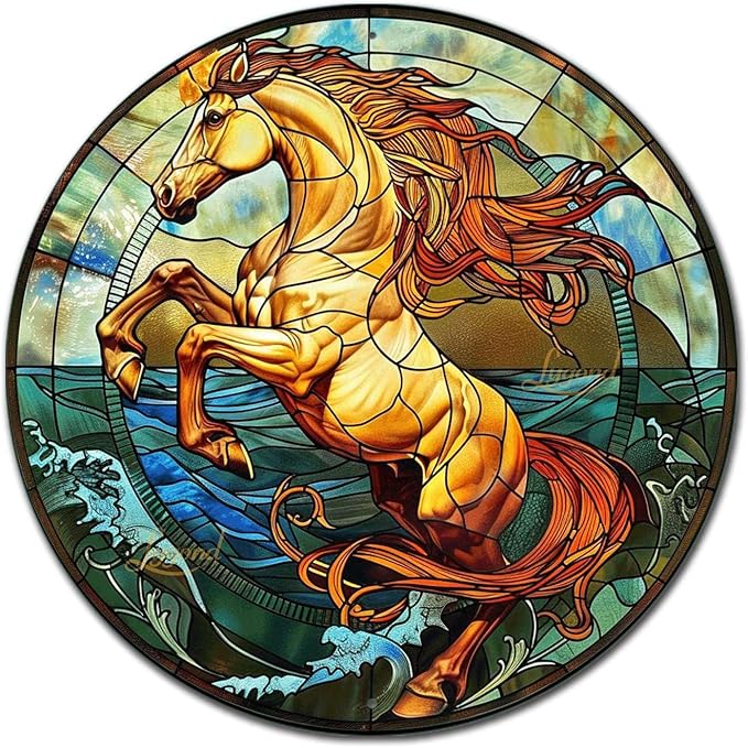 Lygond Metal Sign Tin Sign Circular Stained Glass Horse Boho Office Decor For Yard 8×8 Inches