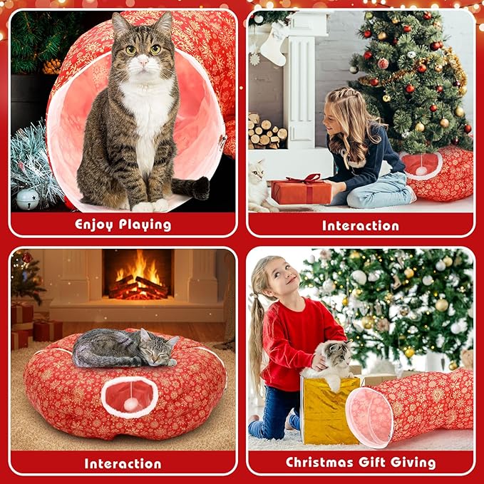 Cat Tunnel Bed Under Christmas Tree 36'' Kitten Circle Donut Tunnel Skirt with Ball Mat Decorative Xmas Folding Home Kitty Guard Tube Holiday Party Indoor Pet(Red Gold,Snowflake)