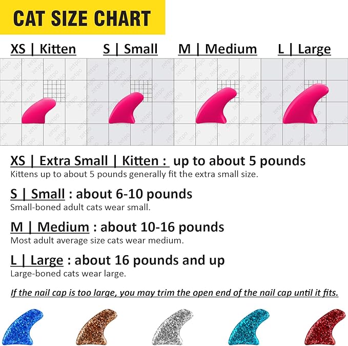 zetpo Cat Nail Caps | Cat Claw Covers | with Adhesives and Applicators (M, 5X Glitter Random Colors | 100 pcs)