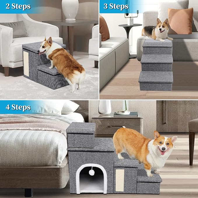 Dog Stairs for Bed and Couch 23โH, Foldable Dog Stairs for Small Older Dogs, 4 in 1 Adjustable Pet Cat Steps Ramps with Storage, Condo, Cat Scratcher, Hold Up to 180LBS, 4 Steps