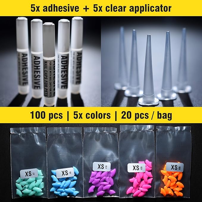 zetpo 100 pcs Cat Nail Caps | Cat Claw Covers | with Adhesives and Applicators (XS, Turquoise, Sky Blue, Purple, Rose, Orange Peel)