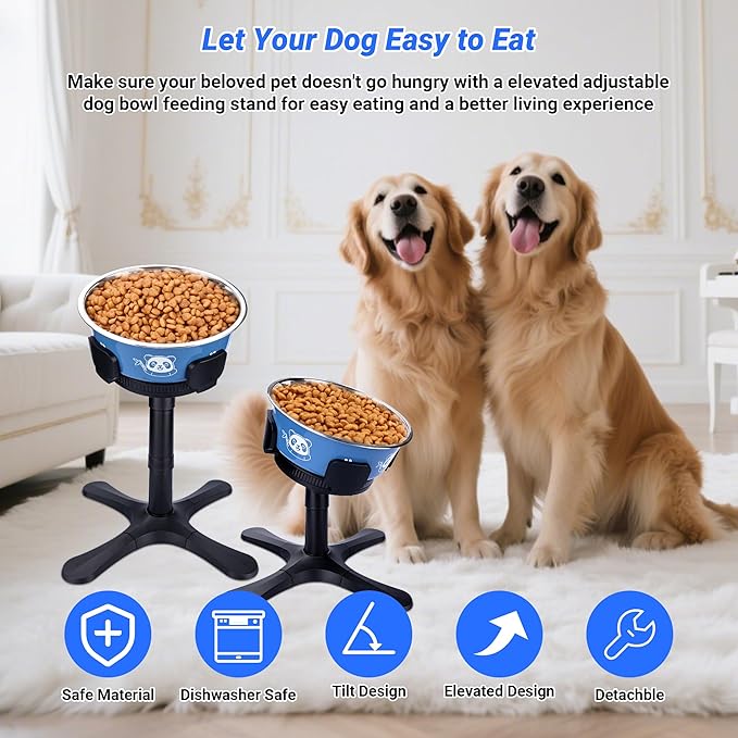 Dog Bowls,Elevated Adjustable Dog Bowl Stand with 3 Heights & Tilted Feeding Design, Raised Stand Compatible with Medium & Large Breeds(with Stainless Steel Bowls-Black)
