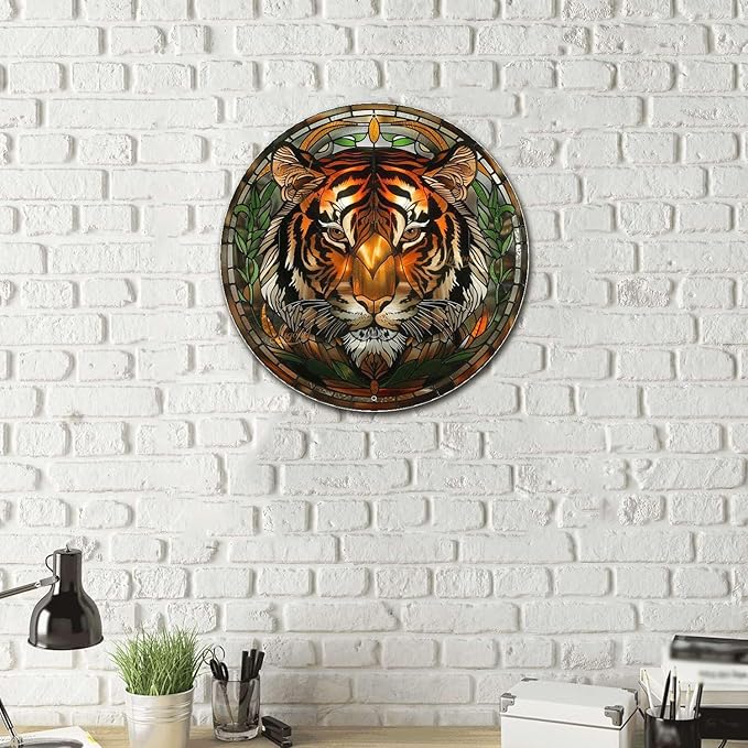 Lygond Metal Sign Tin Sign Circular Stained Glass Tigle Minimalist Wall Art for Home Decor 8×8 Inches