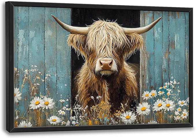 Large Farmhouse Highland Cow Country Wall Art for Living Room, Floral Canvas Oversized Wall Decor, Daisy Flower Animal Framed Pictures Painting Print Artwork for Bedroom Office 36"L x 24"W