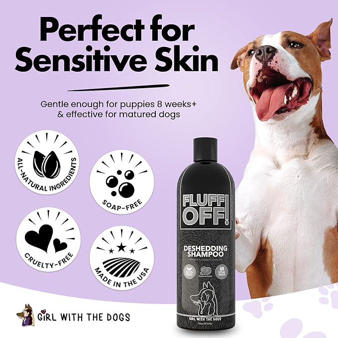 Fluff Off! by Girl With The Dogs, Natural Deshedding Dog & Cat Shampoo, 16 Oz, Made in USA, 8 Wks+