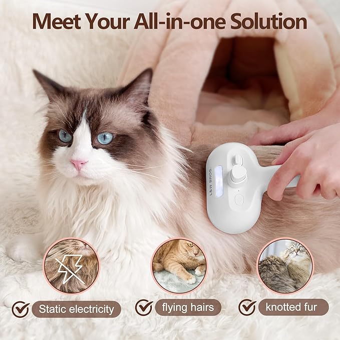 L&W BROS. Steam Grooming Brush for Shedding and Detangling – Self-Cleaning Steamy Pet Brush with Mist Spray for Long-Haired Cats and Small Dogs (White)