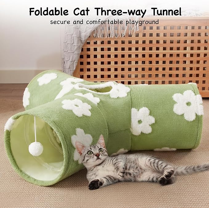 Tempcore Flannel Pet Cat Tunnel Tube Cat Toys 3 Way Collapsible, Cat Tunnels for Indoor Cats,Kitty Tunnel Bored Pet Toys Peek Hole Toy Ball Puppy, Kitty, Kitten, Rabbit Daisy Green