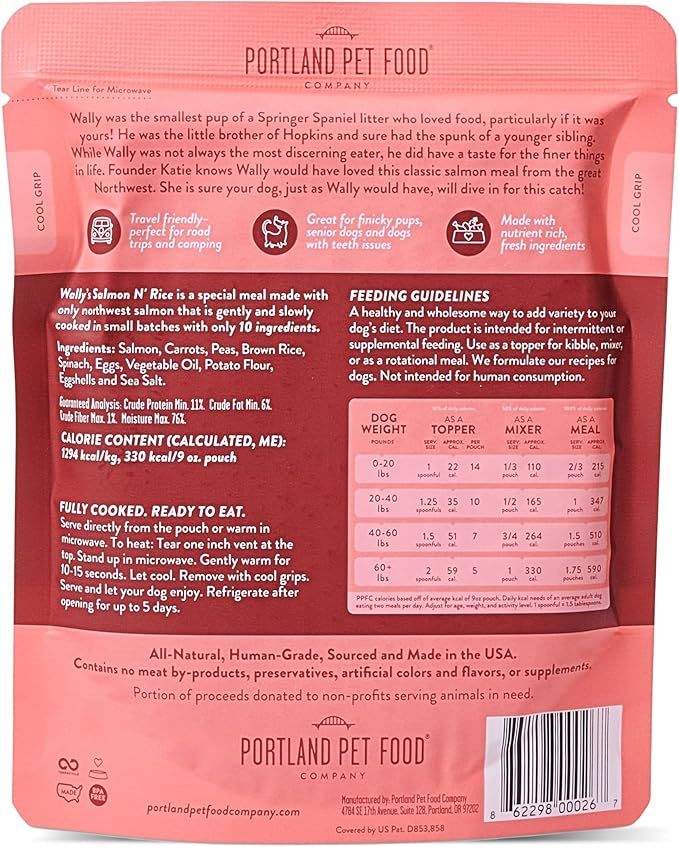 Portland Pet Food Company Fresh Dog Food Pouches Human-Grade Toppers Wet Pet Meal & Mix-Ins - Gluten-Free Limited Ingredient Wally’s Salmon N’ Rice - Large & Small Breed, Puppy to Senior - 8 Pack