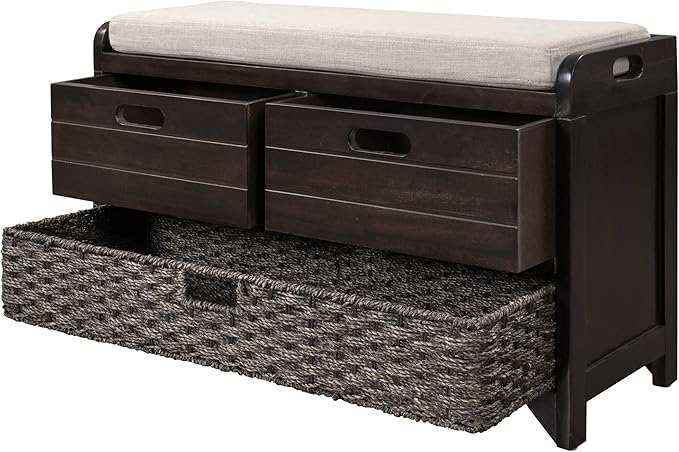Storage Bench with Removable Basket 2 Drawers Fully Assembled Acacia Wood Shoe Bench Standing Shoe Rack Removable Cushion for Living Room, Entrance Hallway, No Assembly Required Espresso