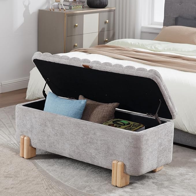 Kmax 45" Storage Bench Velvet Entryway Bench Upholstered Ottoman Bench with Wavy Top & Safty Hinge for Bedroom Living Room Hallway, Grey