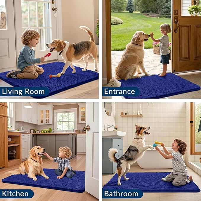 Smiry Dog Door Mat for Muddy Paws 24x16, Absorbs Moisture and Dirt Doormat, Non-Slip Washable Quick Dry Chenille Front Door Mat Indoor Entrance, Entryway Carpet for Inside Floor, Navy Blue