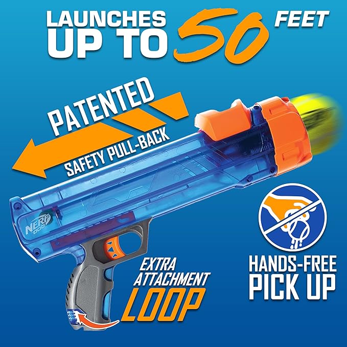 Nerf Dog Tennis Ball Blaster Dog Toy Gift Set, Tennis Ball Dog Fetch Toy Launches up to 50 ft, Dog Ball Thrower for All Breeds Includes Translucent Blue Tennis Ball Launcher and 3 Dog Tennis Balls