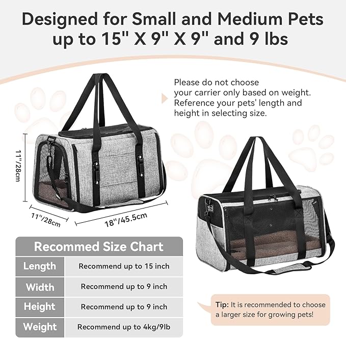 PETSFIT Soft-Sided Cat Carriers & Car Seats with Patent Safe Buckles, Clip-On Harness,18"x11"x11" Airline Approved Pet Carrier - 9 lbs Capacity,Grey