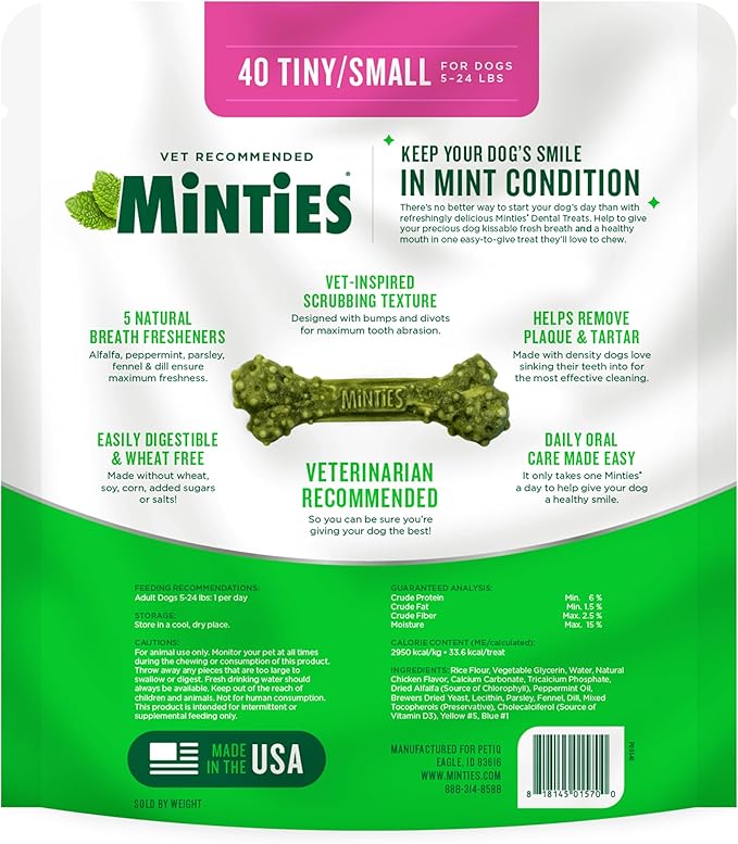 Minties Dental Chews for Dogs, 40 Count, Vet-Recommended Mint-Flavored Treats for Tiny/Small Dogs 5-24 lbs, Dental Bones Clean Teeth, Fight Bad Breath, and Removes Plaque and Tartar