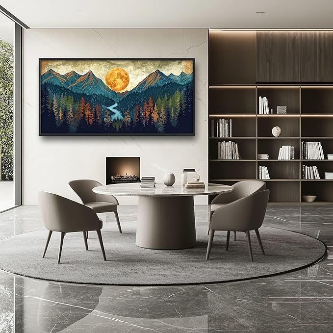 Quorin Boho Mountain Large Wall Art Mountain Landscape Pictures Moon Pine Tree Forest Lake Wall Decor Nature Canvas Print Painting Artwork for Bathroom Living Room Bedroom 60L x 30W