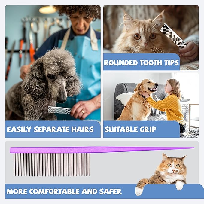 Grooming Pet Comb Rat Tail Dematting Cat and Dog Comb,Rounded Ends Design for Safe Tangle Removal, Hairstyling, Massage,Loose Hair Removal,Prevent Irritation,Fluffing Paws,Face,Tail,Remove Tear Stain