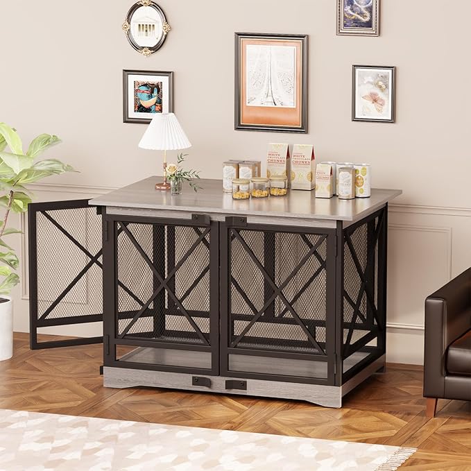 COZPAW Large Dog Crate Furniture - 48 inch Heavy Duty Dog Kennel Indoor for XLarge Breed with Double Doors, Wooden Dog Cage XL Modern Decorative End Table Pet House (Gray)