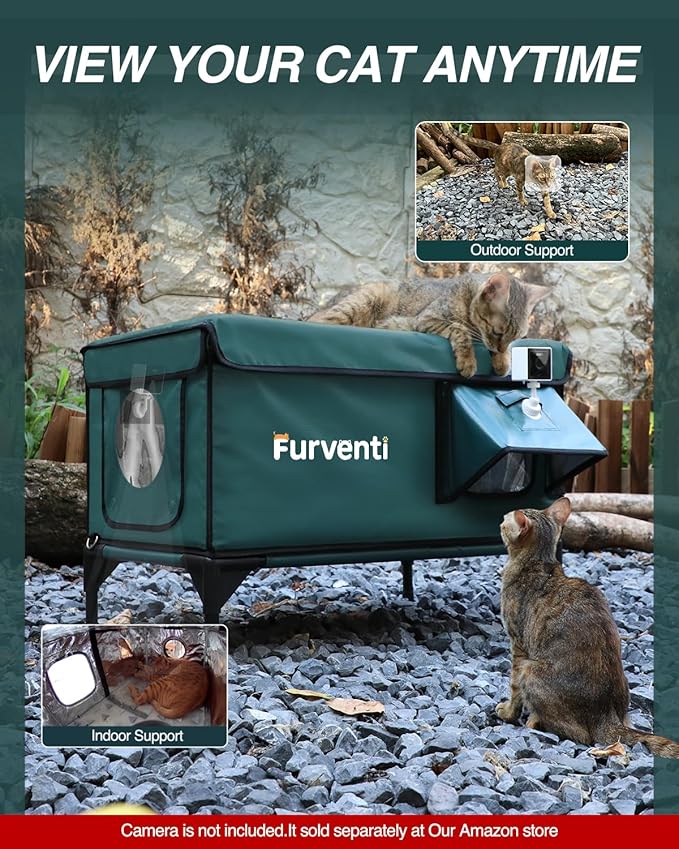 Outdoor Heated Cat House in Winter,Extremely Insulated & Weatherproof,Elevated Feral Cat Shelter with Waterproof Eaves & Escape Door for Outside Stray Barn Cat (Dark Green,M)