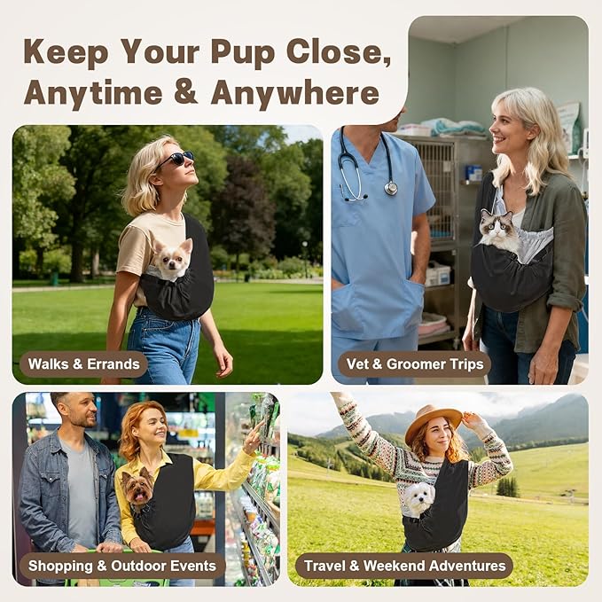 Dog Carrier Sling for Small Dogs Cats – Hands Free Pet Sling Carrier with Mesh Lining Pocket & Safety Hook, Adjustable Cat Dog Front Carrier for Travel, Daily Walk, Outdoor Black L