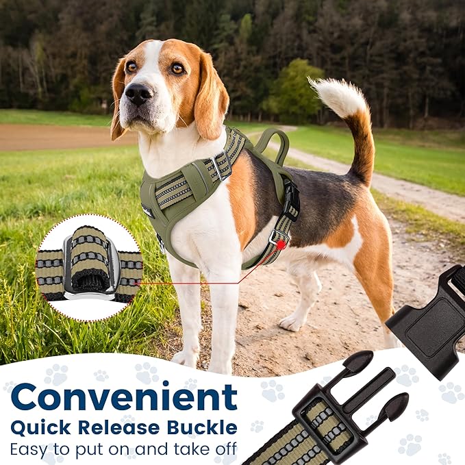 Funfox Dog Harness No Pull, Adjustable Pet Vest Harness, Super Soft Material with Vertical Handle Easy Control, Reflective Night Walking, 2 Leash Clips for Small Sized Dogs, Army Green, S
