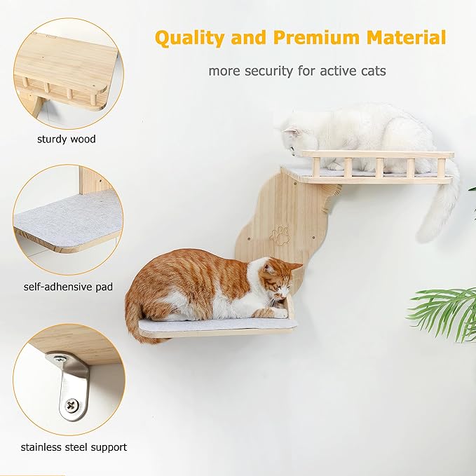 Cat Wall Perches, 2-Levels Corner Shelves Wall-Mounted Platform with Scrathing Mat, Wood Furniture for Indoor Cats Climb,Play and Nap (Right)