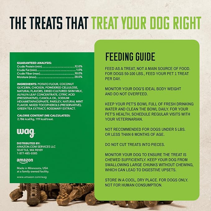 Amazon Brand - Wag Dental Dog Treats to Help Clean Teeth & Freshen Breath Tiny, 2.25 pounds, Unflavored - 130 Count, Pack of 1