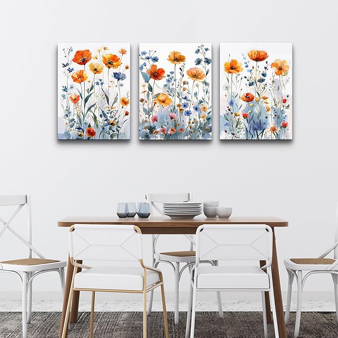 TTHYUEWS Boho Wall Art for Living Room Canvas Wall Decor for Bedroom Modern Wall Decorations For Dining Room Family Wall Pictures Artwork Flowers Watercolour Paintings Posters Home Decor 3 Piece