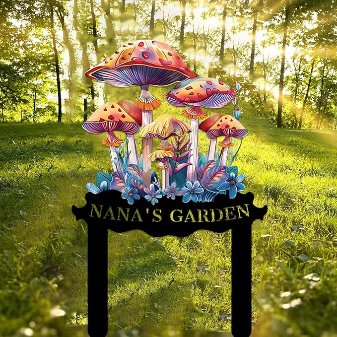 Personalized Mushroom Metal Sign with Stake,Custom Gardener Family Name Signs Outdoor Decor,Customized Flowers Gardening Birthday Gifts,Butterfly Plaque for Patio Lawn Porch Backyard Front Door Garage