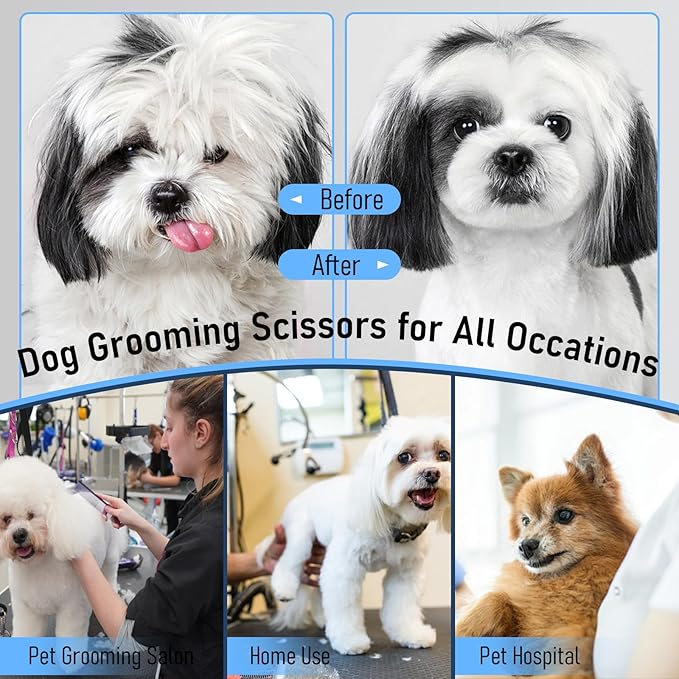 Purple Dragon Dog Grooming Scissors Set - Curved Chunkers, Straight, Up & Down Curved Scissors and Comb, 7 Inch Black Shears with Adjustable Screw for Dogs and Cats