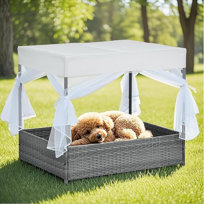 Wicker Dog House Outdoor Indoor with Canopy, Weatherproof Outside Dog Shelter Bed with Cushion, 4Sided Mesh Windows, Pet House Tent Shade for Small Medium Dogs, Rattan Dog Cot for Patio Yard Gray