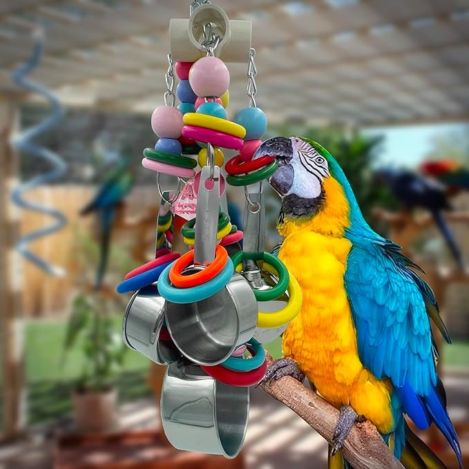 Metallic Pots and Multicolored Ring Strings Toys, Pullable 5 Stainless Steel Cups and Wooden Ring Toys for Large and Extra Large Parrot Amazons Macaws African Greys Cockatoos Eclectus