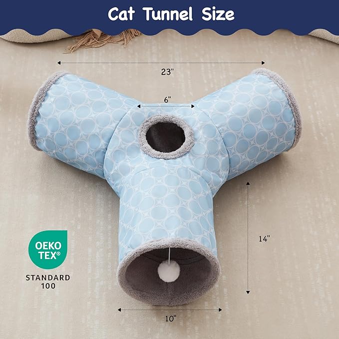 Tempcore Pet Cat Tunnel Tube Toys 3 Way Collapsible, Cat Tunnels for Indoor Cats Fleece-Lined in for Warmth,Kitty Tunnel Bored Cat Pet Toys Peek Hole Toy Ball Cat, Puppy, Kitten, Geometry Blue