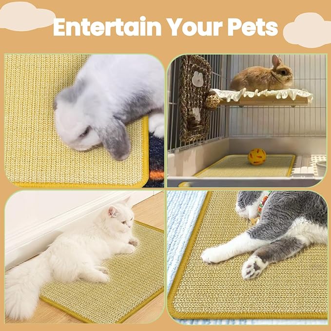 DYAUS Bunny Scratch Pads, Natural Sisal Rabbit Scratching Mats for Claws and Teeth Care, Indoor Bunny Chew Toys Bunny Bed for Biting Sleeping Nesting (3PCS, 16x12in)
