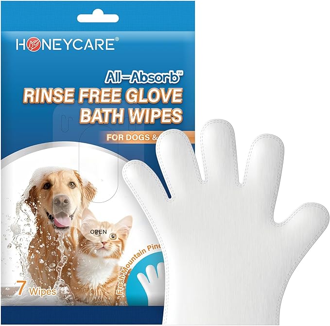 HONEY CARE All-Absorb Disposable Pet Grooming Gloves Wipes for Dogs & Cats Fur Deodorizing & Cleaning (7 Gloves/Pack, 6 Packs, 42 Wipes Total)